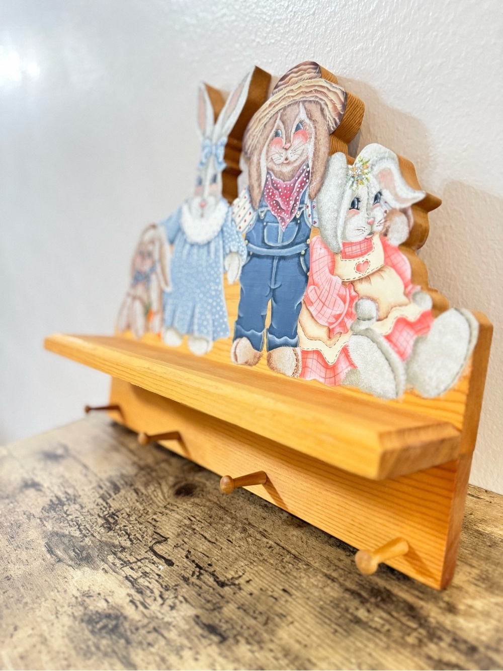 Hand-Painted Bunnies | Wooden Wall Shelf With 4 Peg Coat Rack - Picture 3 of 5